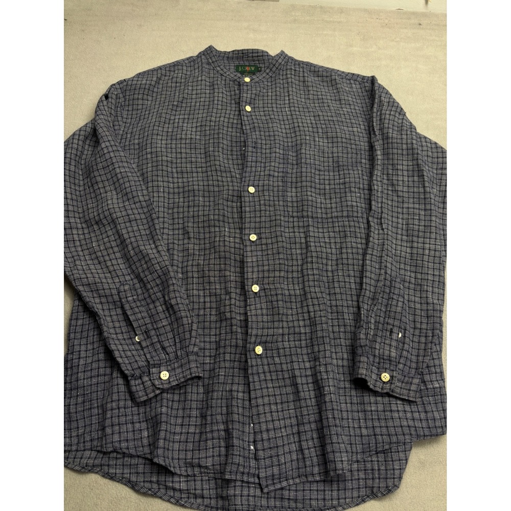 J.Crew Oarsman Mens Medium Linen Band Collar Shirt Navy Blue Grid Long Sleeve